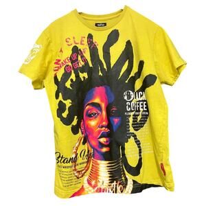 Hustle Gang Shirt Men's Large Black Coffee Woman Streetwear Hip-Hop Yellow Short